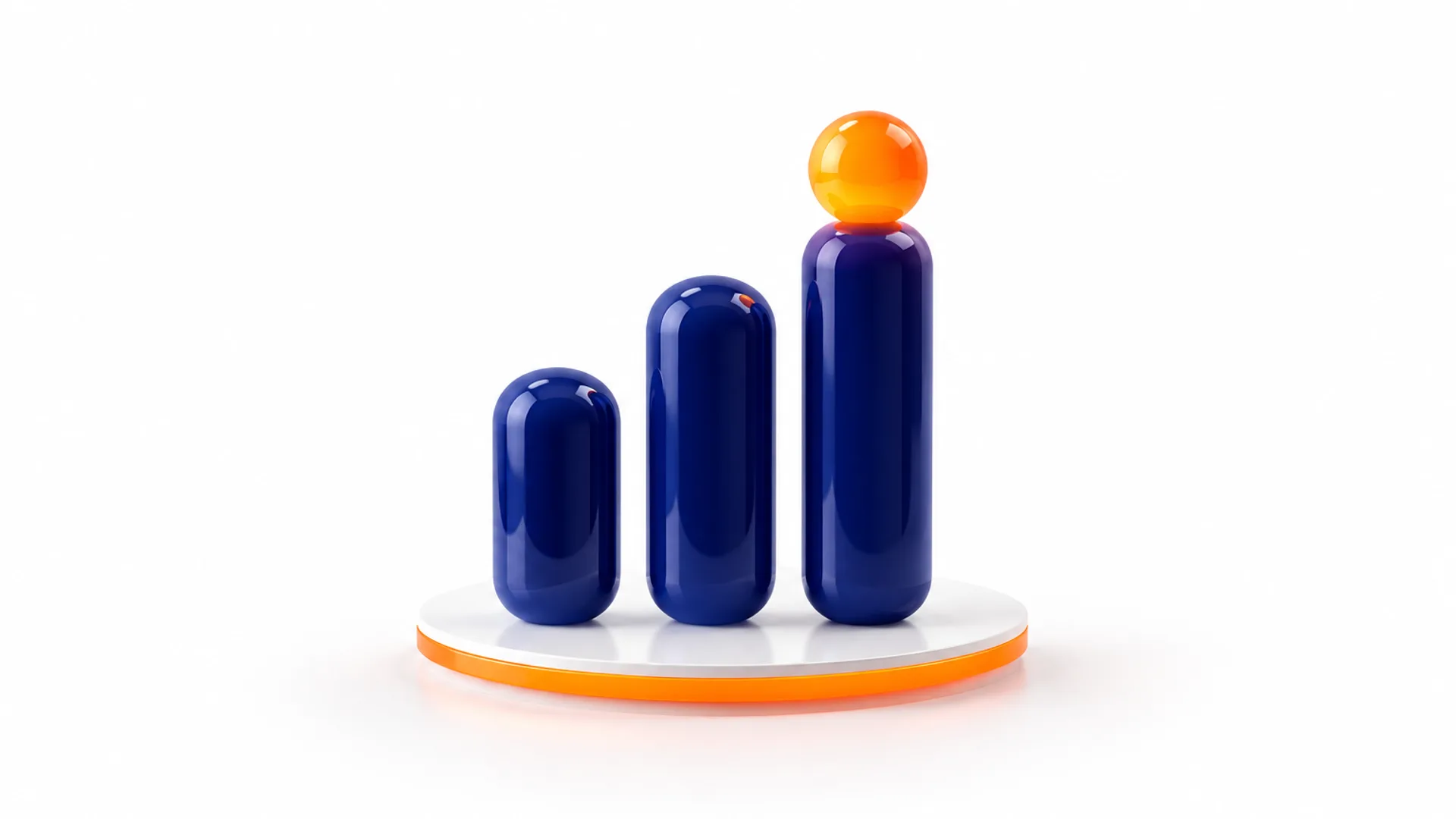 Tre indigofärgade staplar i stigande höjd på en ljus platta med orange kant, med ett lysande orange klot på den högsta