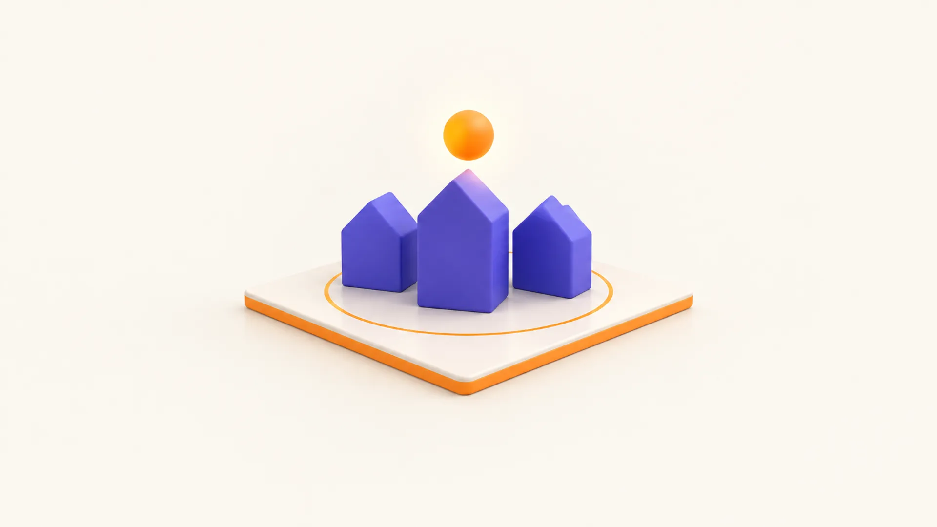 Tre små indigofärgade hus på en ljus platta med orange kant, med en lysande orange kula som markör ovanför huset i mitten