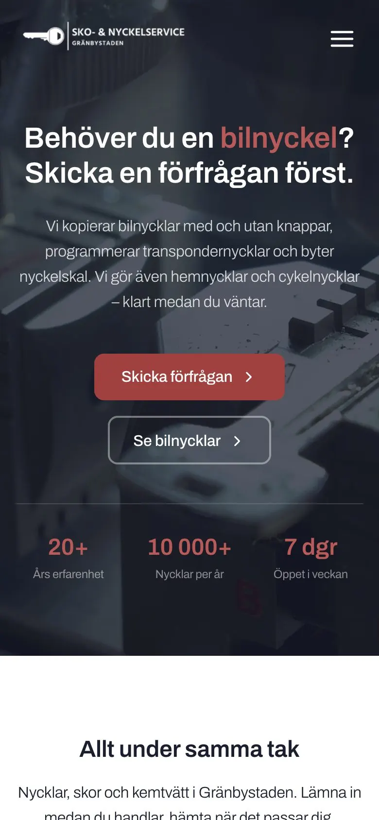 The Gränby Sko- & Nyckelservice homepage, mobile view