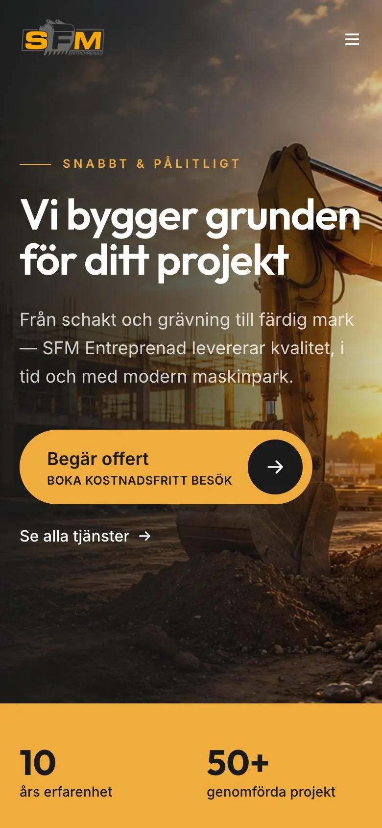 The SFM Entreprenad homepage on desktop and mobile, mobile view