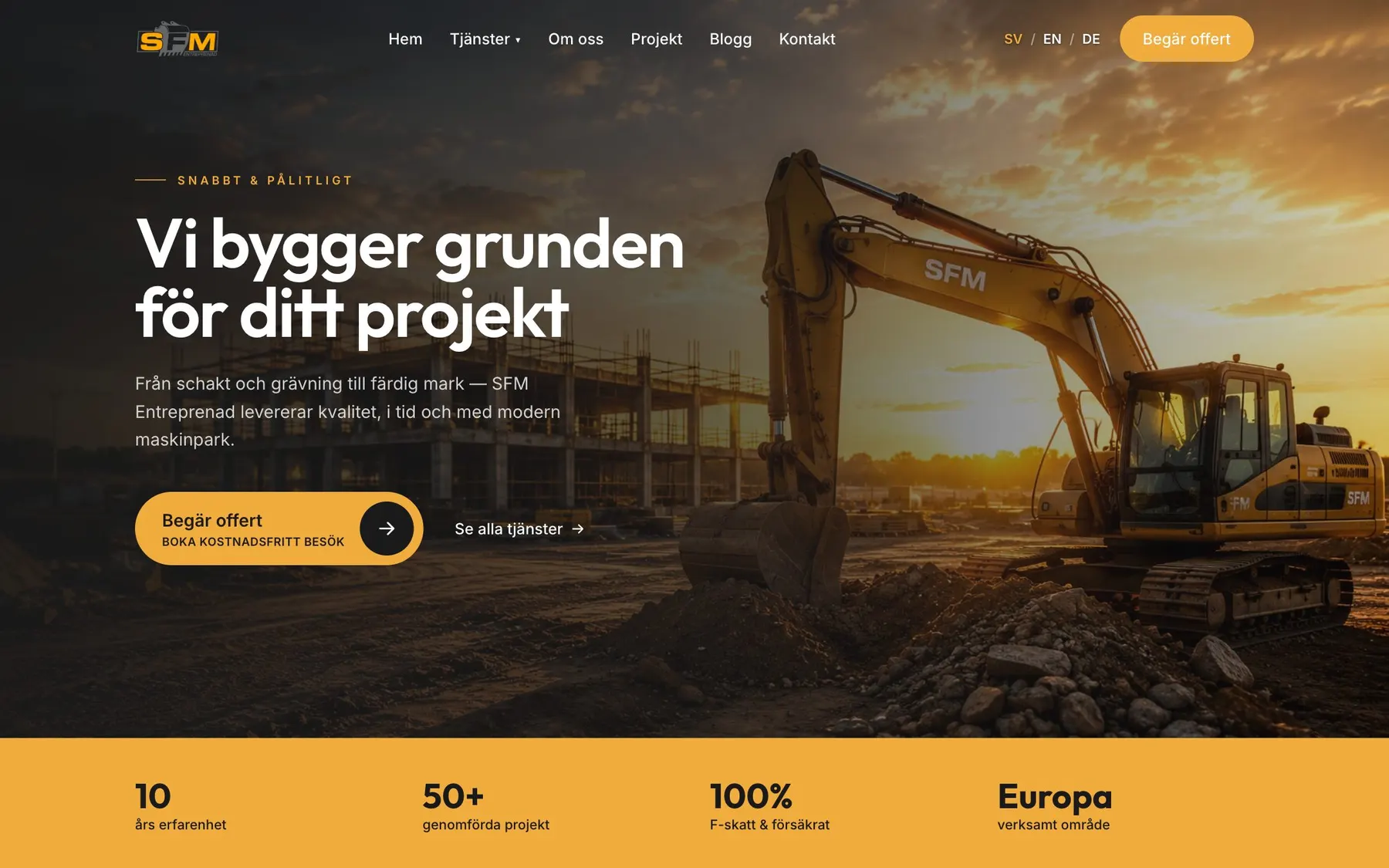 The SFM Entreprenad homepage on desktop and mobile