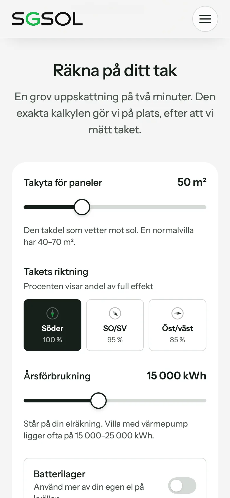 The calculator on the SGSol homepage, mobile view