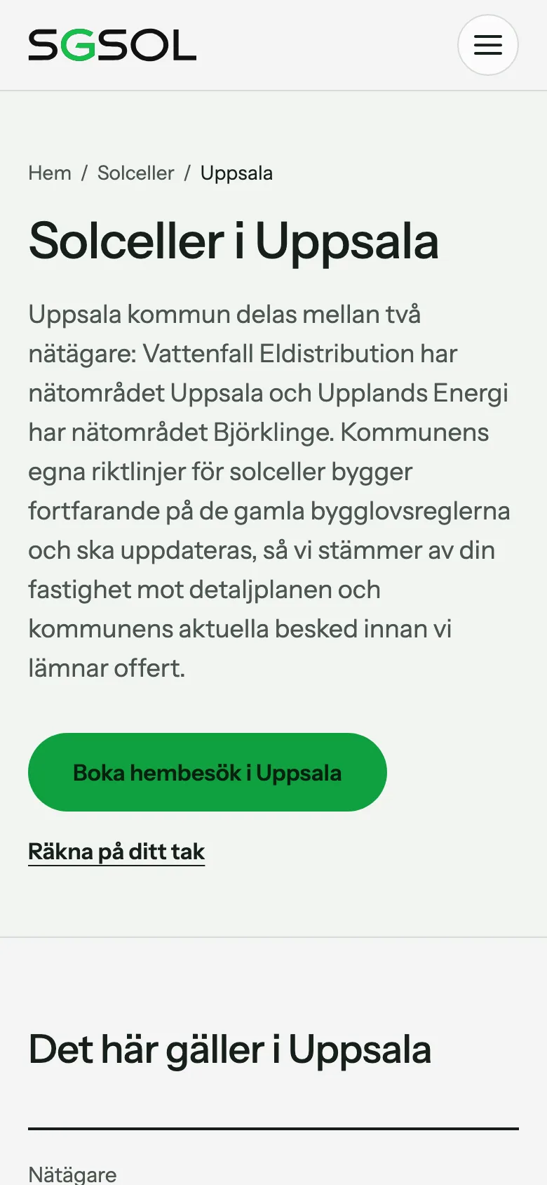 The Uppsala solar panel page at SGSol, mobile view