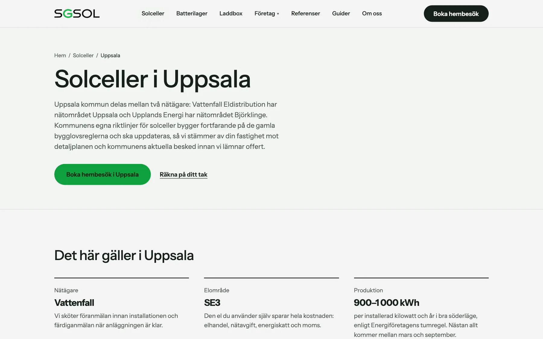 The Uppsala solar panel page at SGSol
