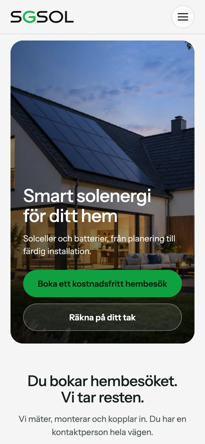 SGSols startsida på dator och mobil, mobile view