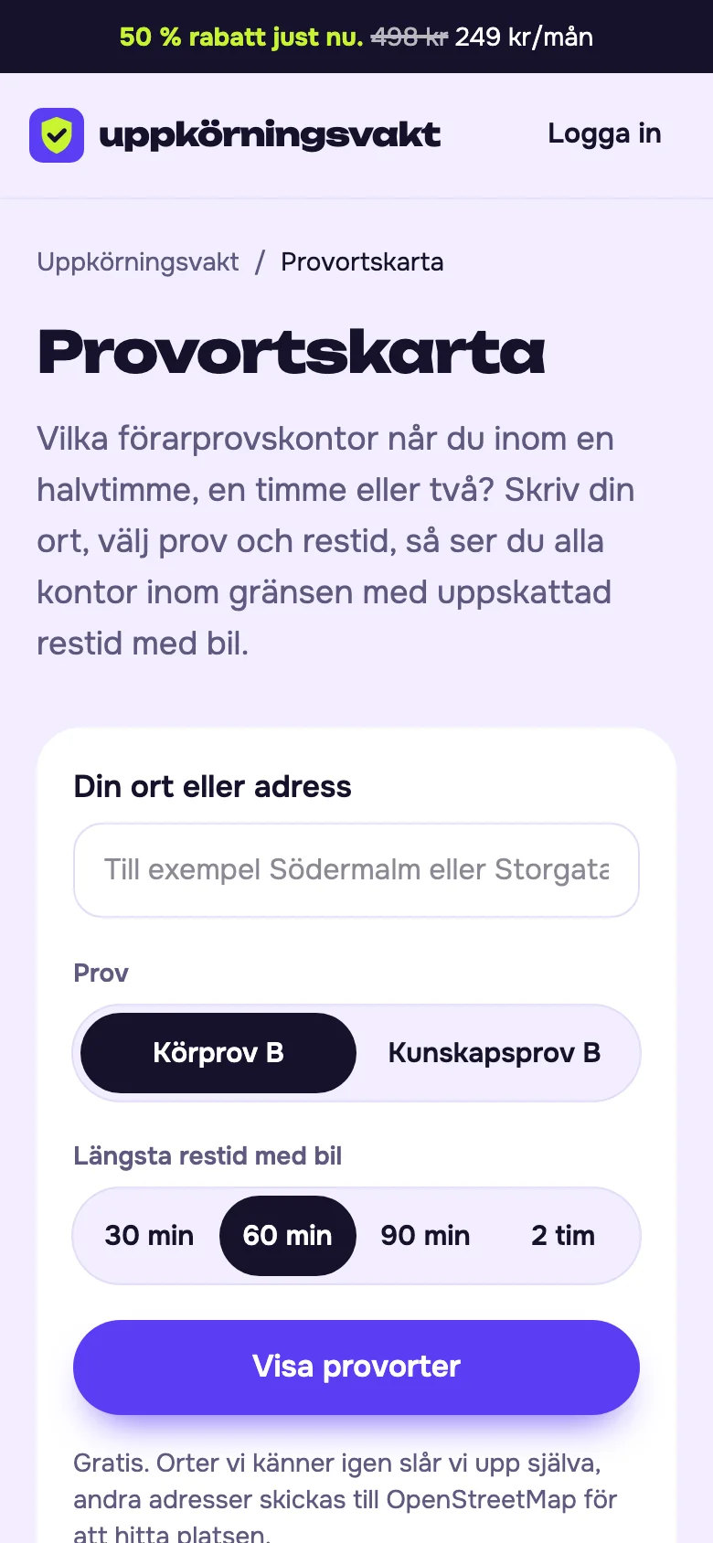 The test centre map with centres within 60 minutes of Södermalm, mobile view