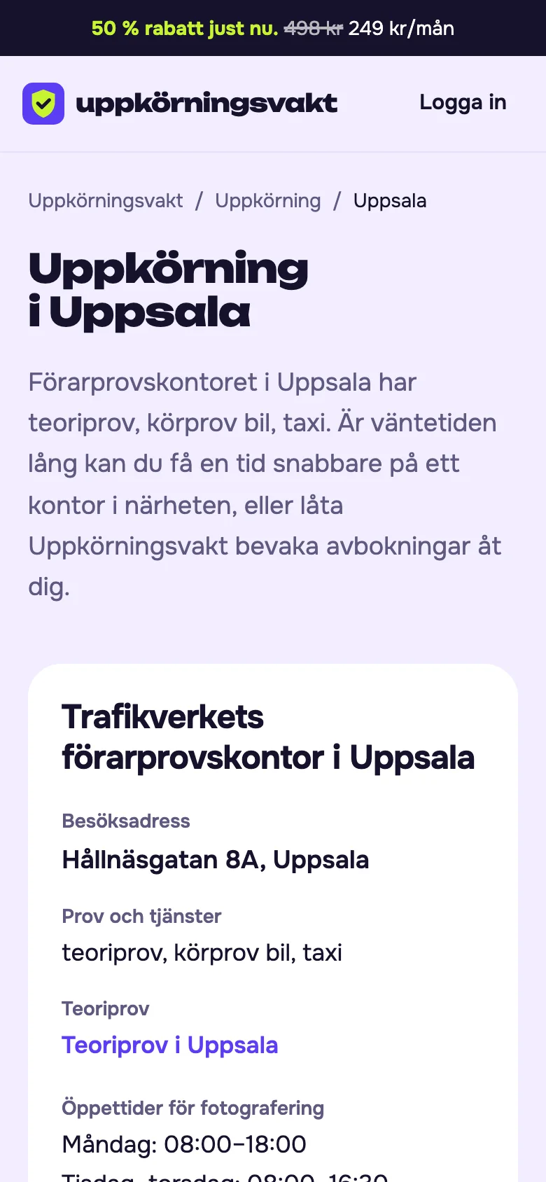 The page for the test centre in Uppsala, mobile view