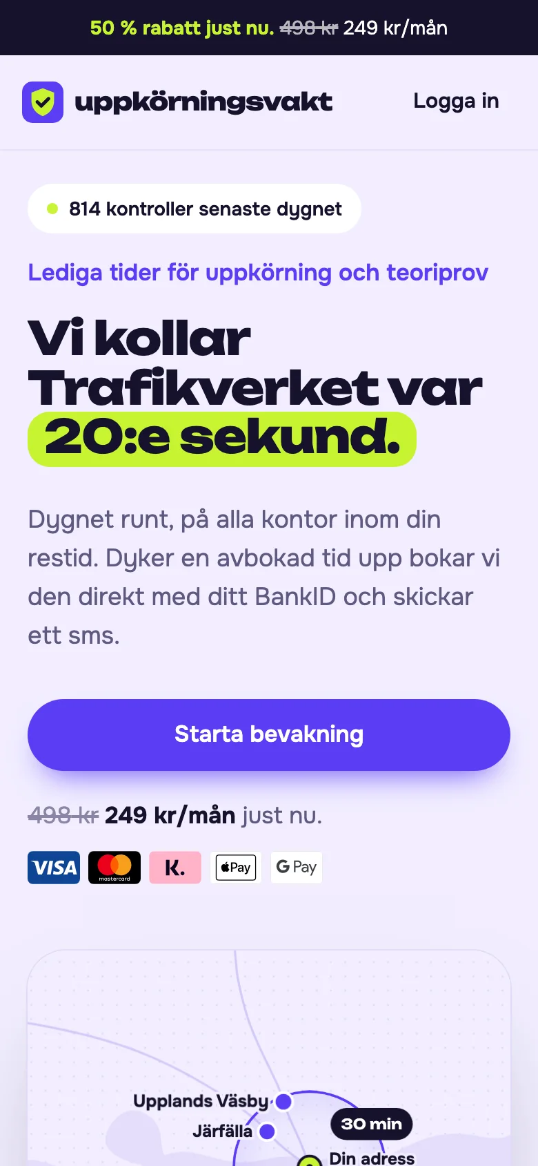 Uppkörningsvakts startsida på dator och mobil, mobile view