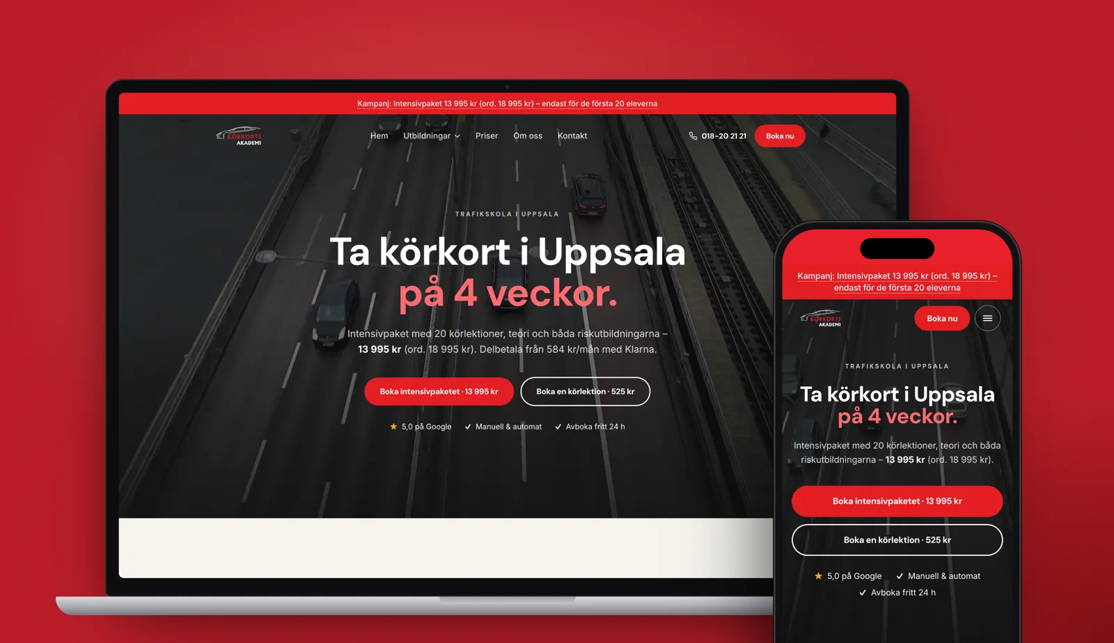 Körkortsakademi’s website on desktop and mobile, built by Solva