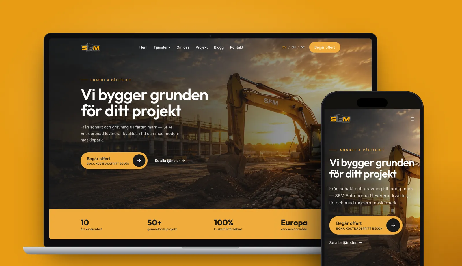 SFM Entreprenad’s website on desktop and mobile, built by Solva