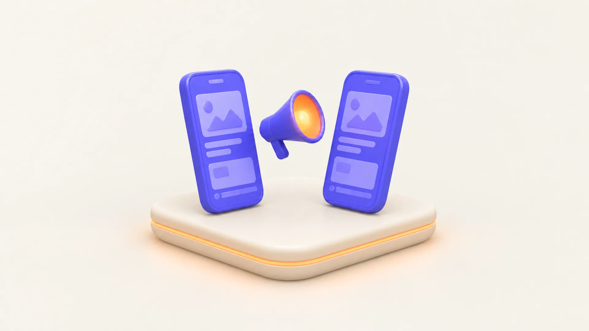 Två indigofärgade mobiltelefoner med annonskort på skärmen och en indigo megafon med lysande orange öppning mellan dem, på en ljus platta med orange kant