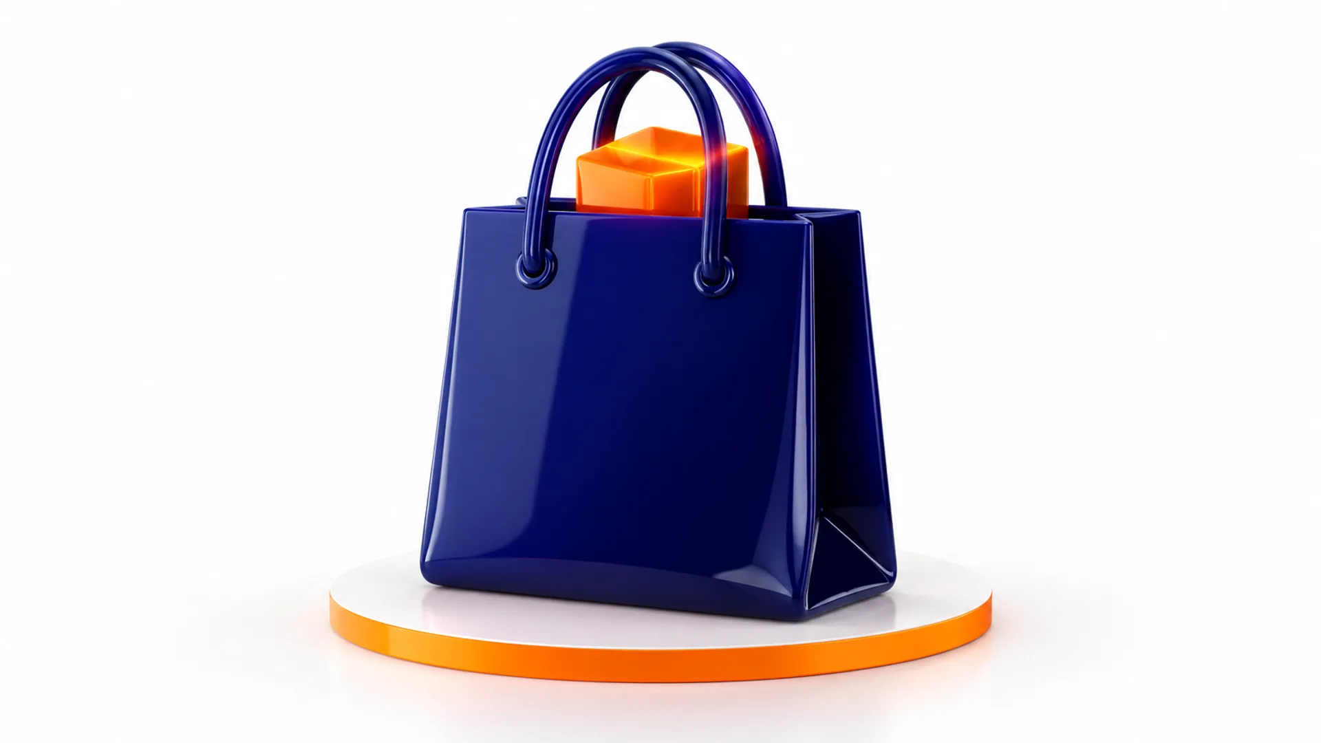 En indigofärgad shoppingkasse på en ljus platta med orange kant, med en orange kub som sticker upp ur kassen