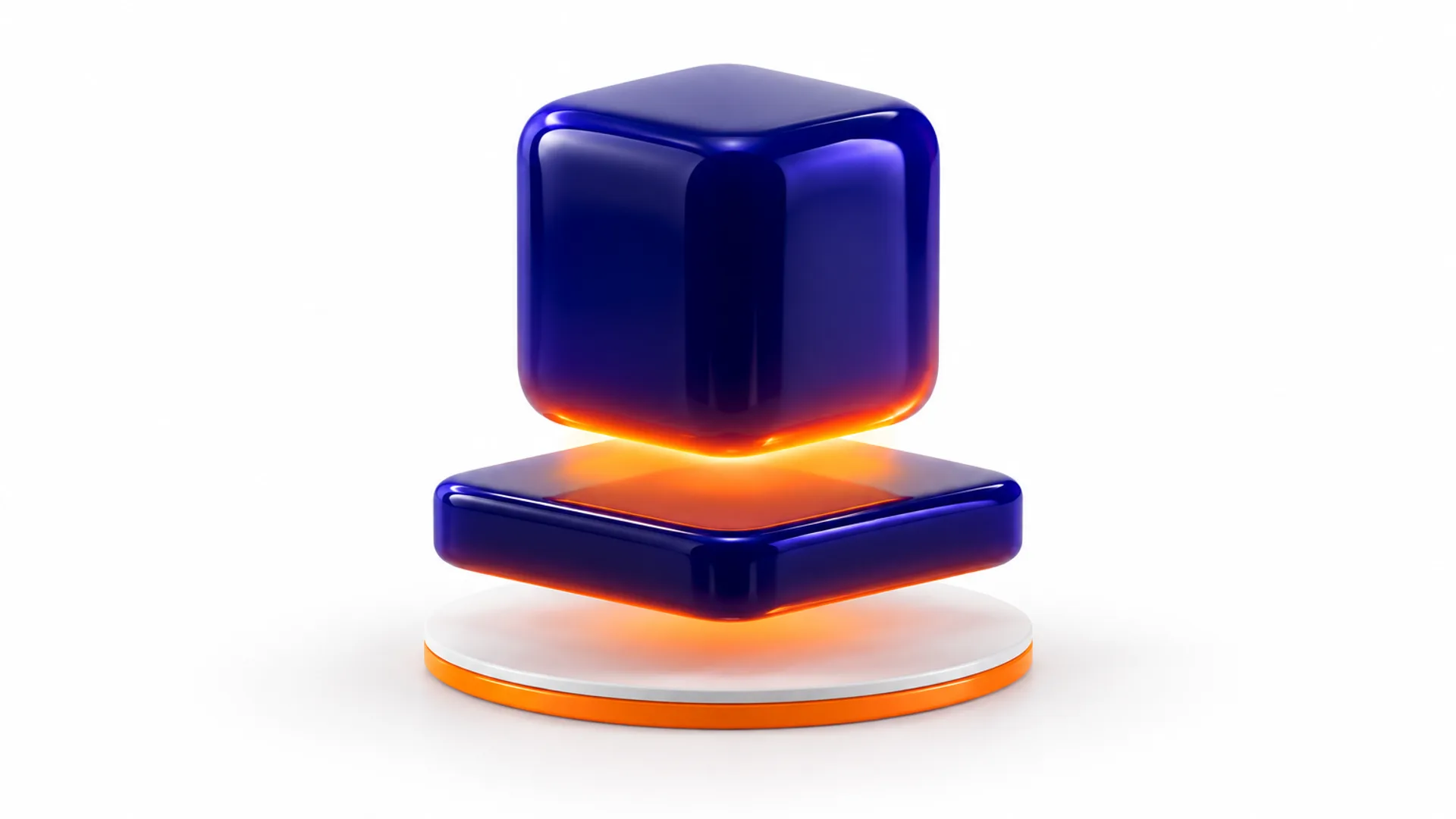 En indigofärgad kub som svävar över en platt indigo platta, med orange ljus i glipan mellan dem