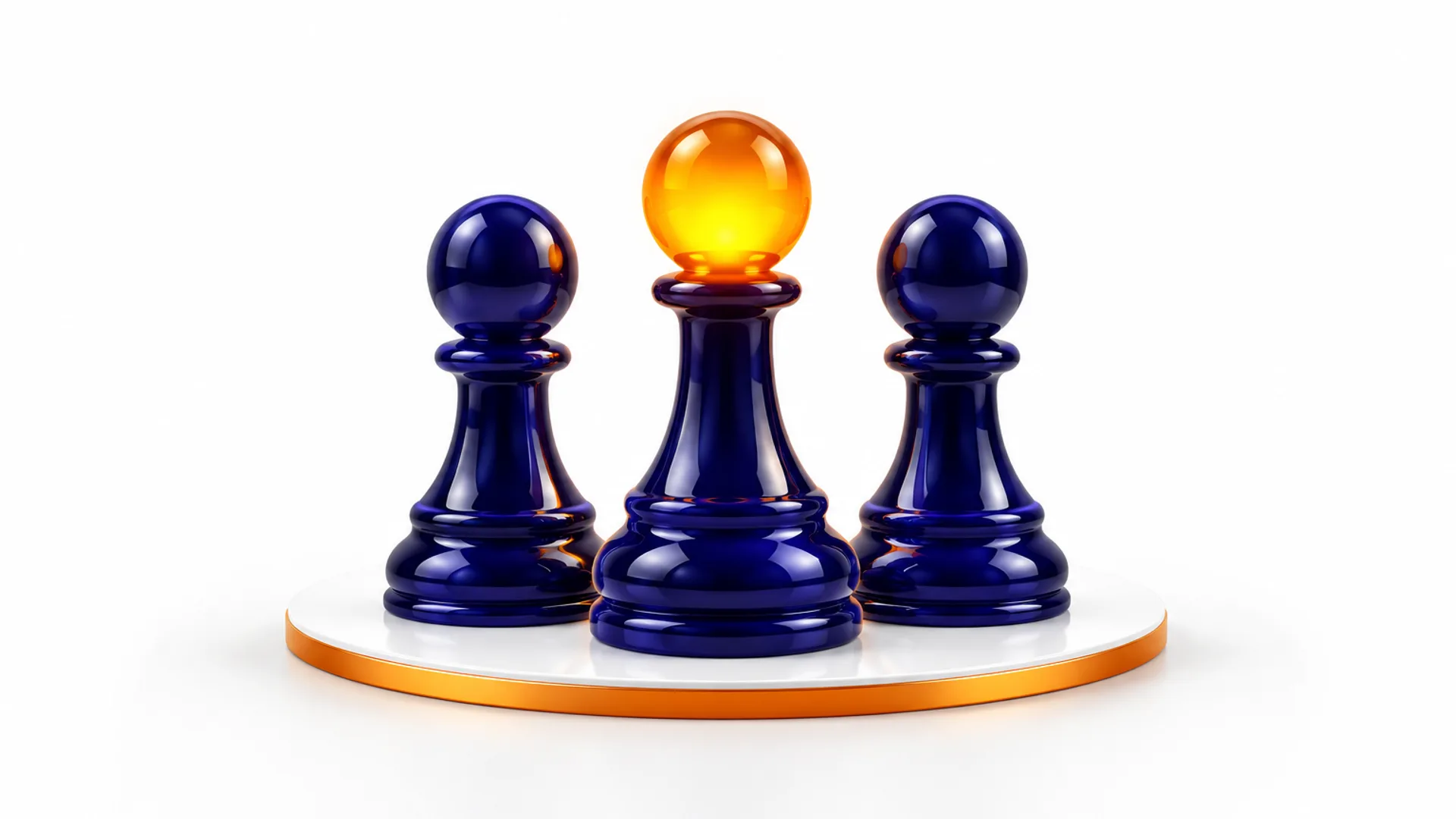 Tre indigofärgade schackbönder på rad på en ljus platta med orange kant, där den mittersta har en lysande orange topp
