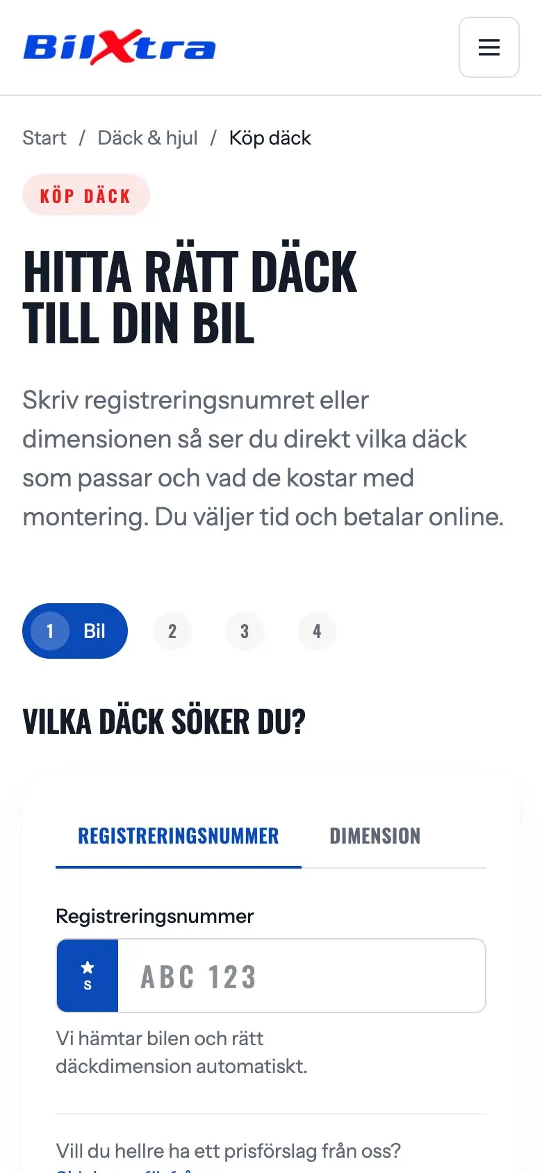 Däckbutiken hos AutoXtra med sök på regnummer, mobilvy