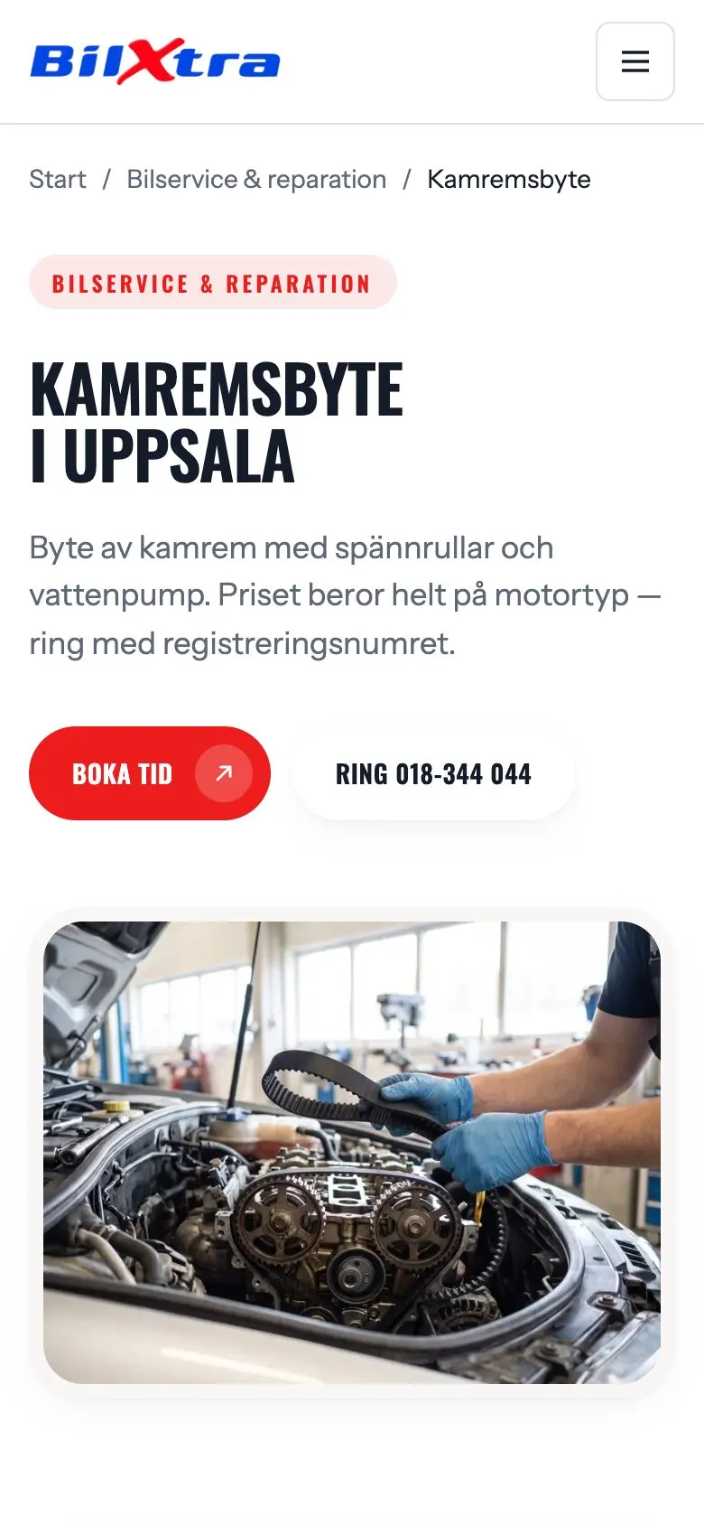 Tjänstesidan för kamremsbyte hos AutoXtra, mobilvy