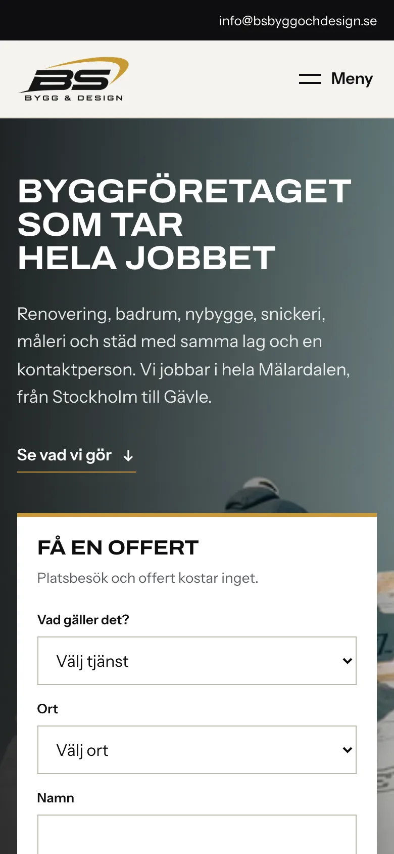 BS Bygg & Designs startsida på dator och mobil, mobile view