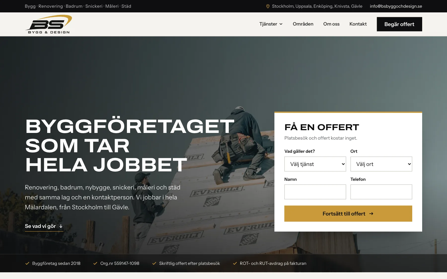 BS Bygg & Designs startsida på dator och mobil