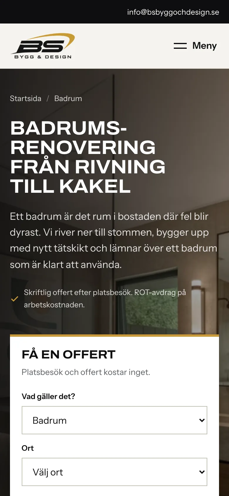 The bathroom renovation page at BS Bygg & Design, mobile view