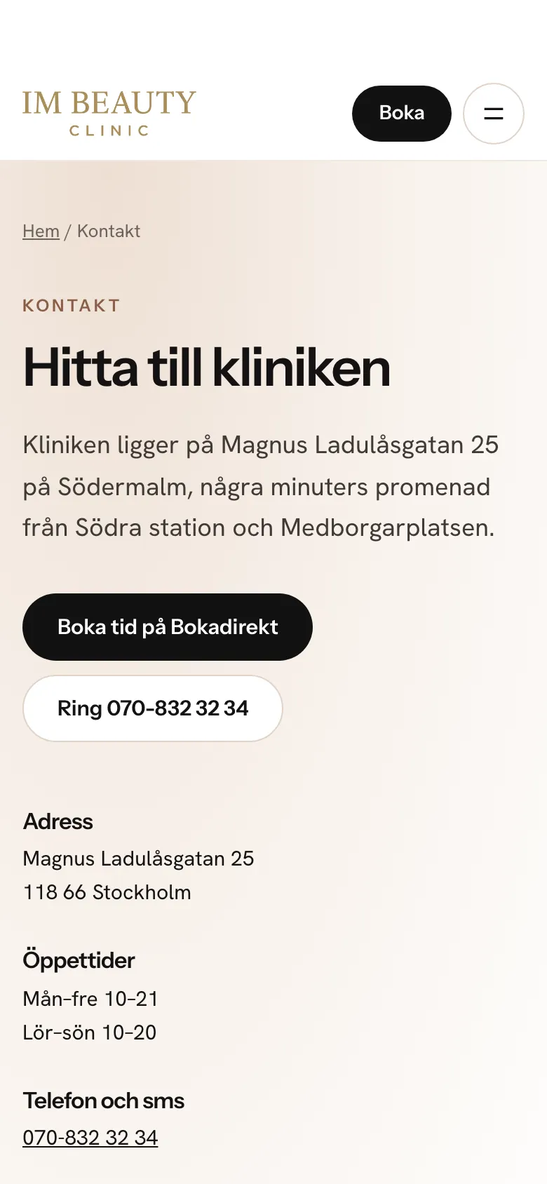 Kontaktsidan med adress och öppettider på mobil