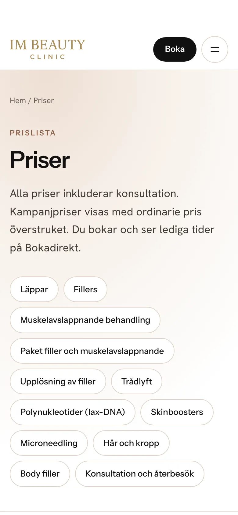 Prislistan på mobil