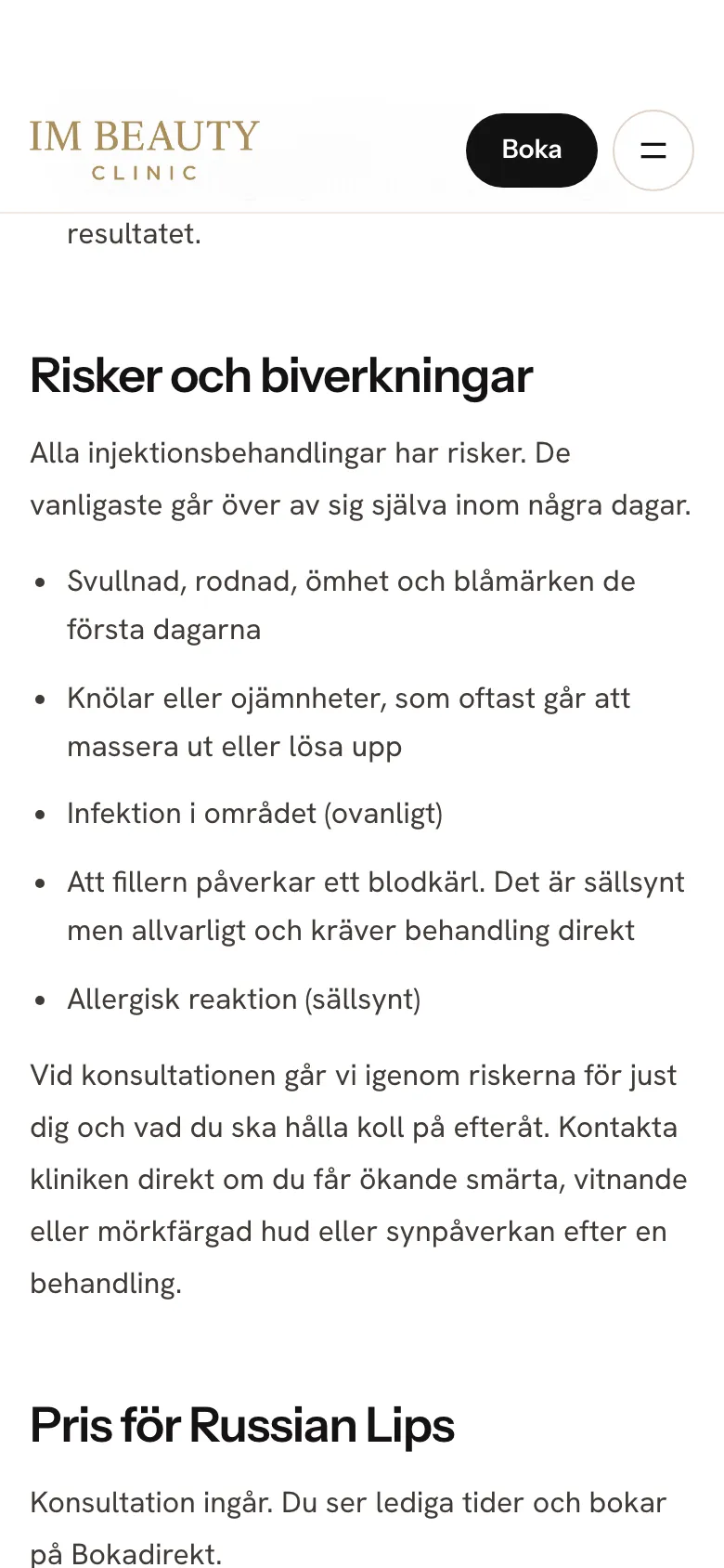 Avsnittet om risker och biverkningar på en behandlingssida, mobilvy