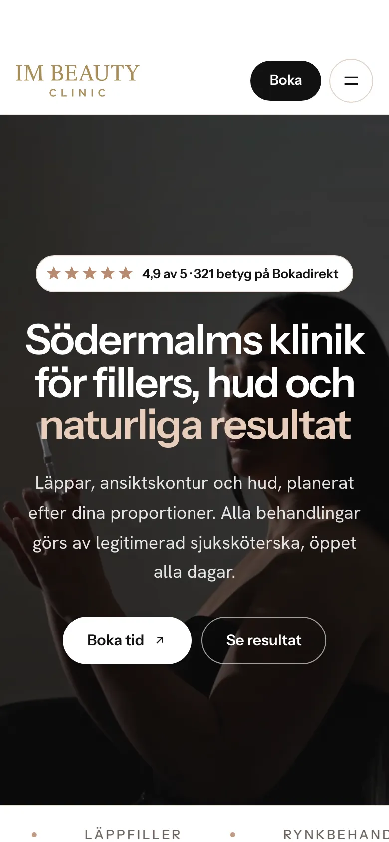 IM Beauty Clinics startsida på dator och mobil, mobilvy