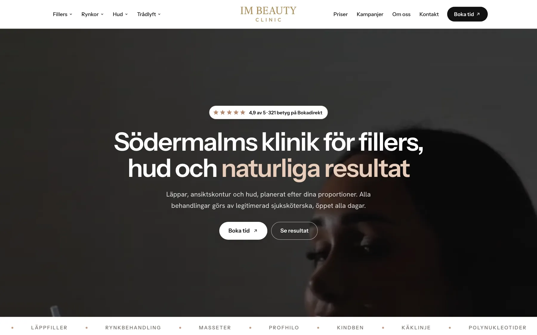 IM Beauty Clinics startsida på dator och mobil