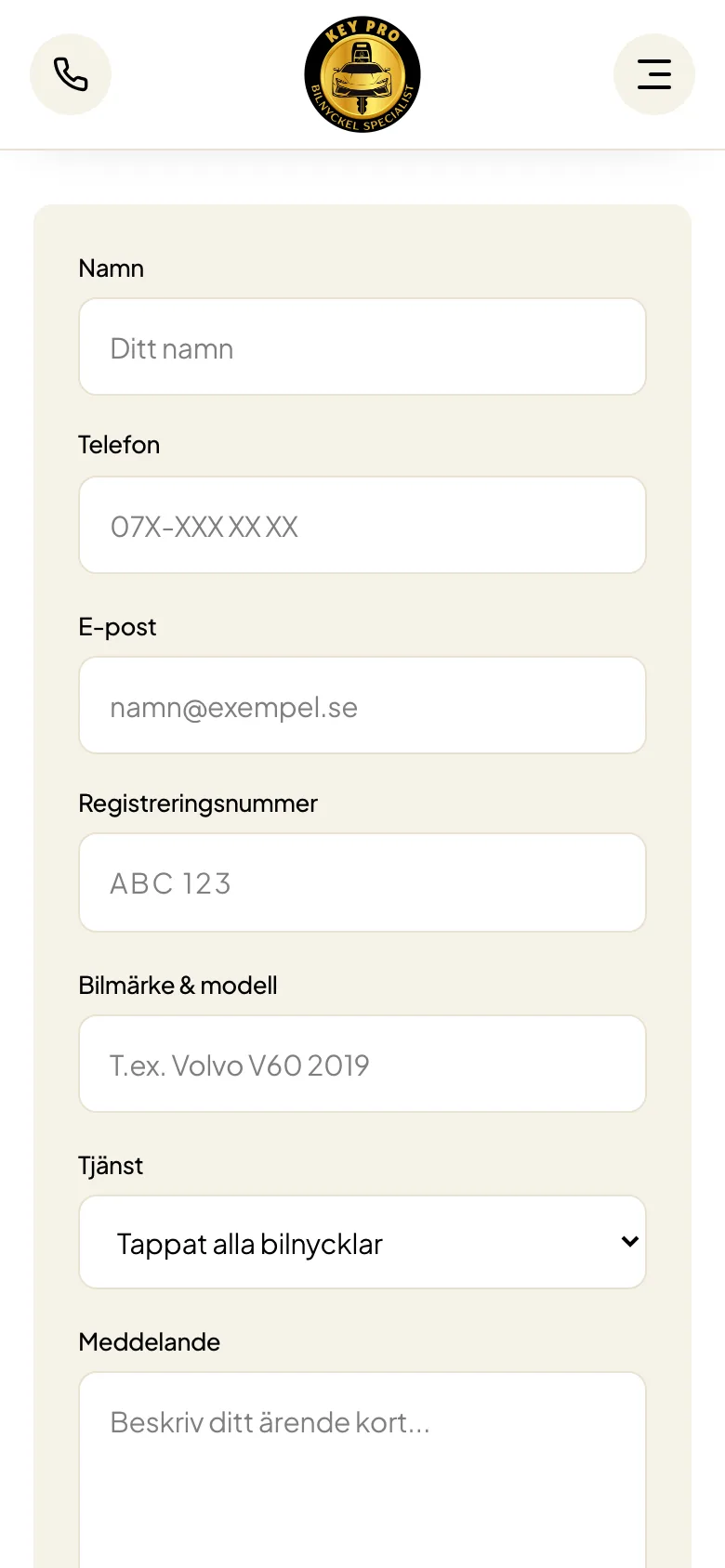 Kontaktformuläret hos Key Pro, mobilvy