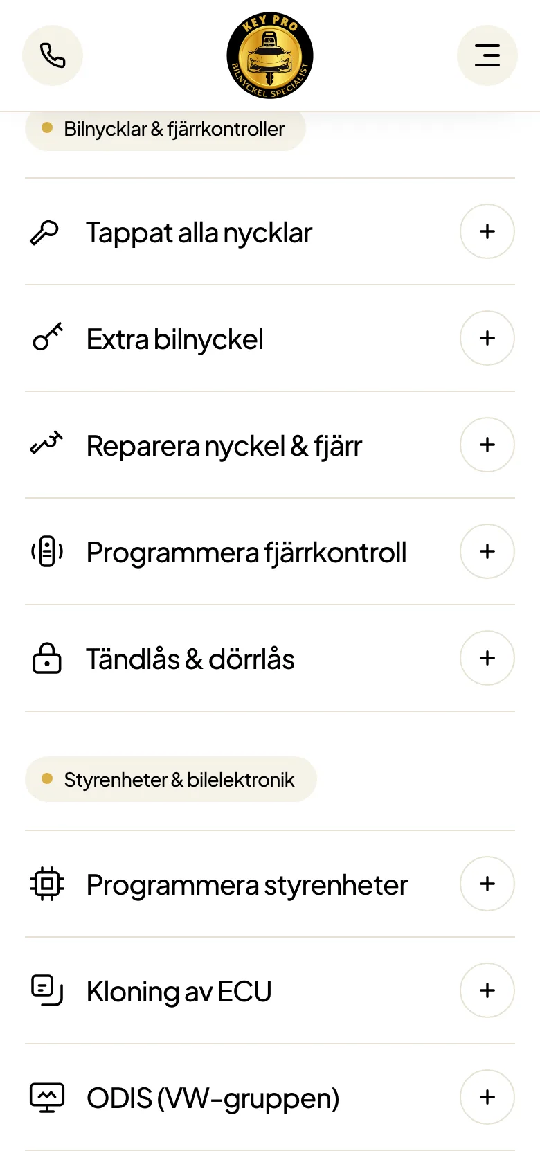 Tjänstelistan på Key Pros startsida, mobilvy