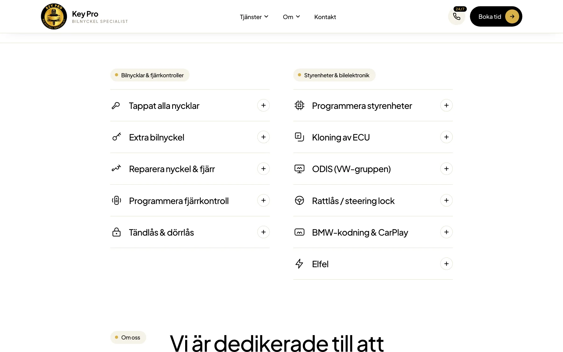 Tjänstelistan på Key Pros startsida