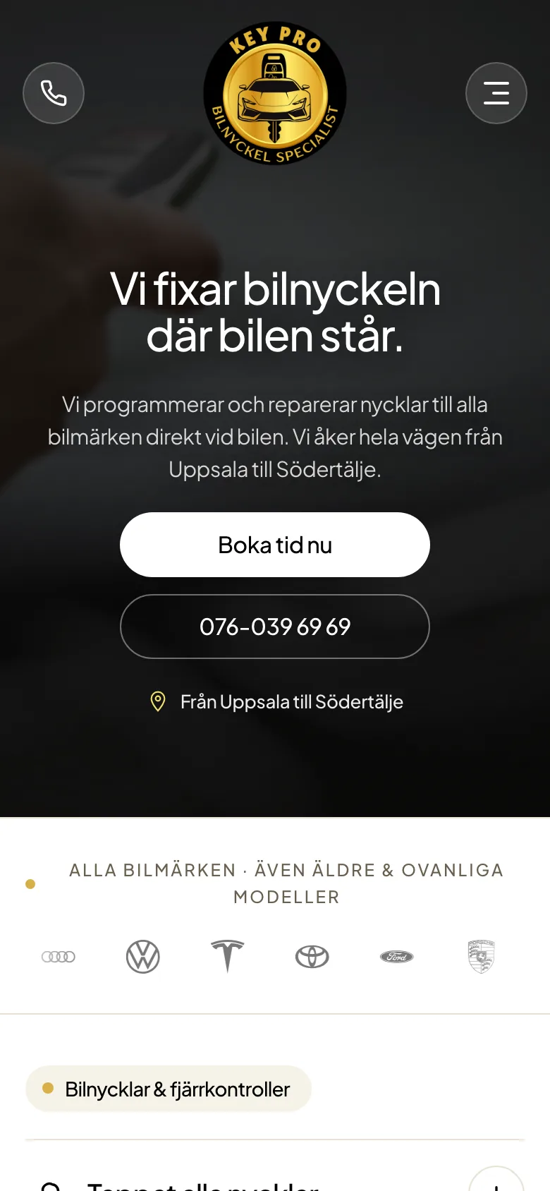 Key Pros startsida på dator och mobil, mobilvy