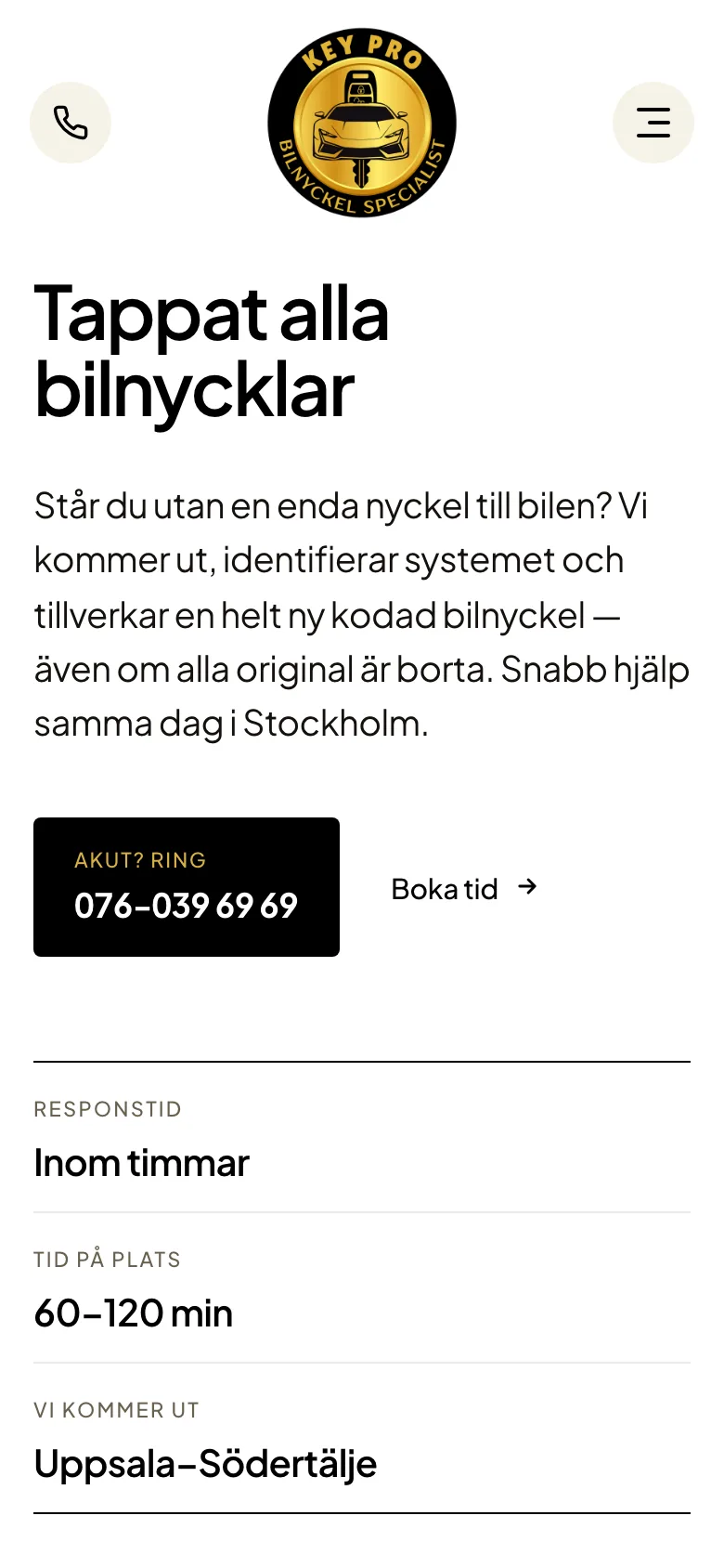 Tjänstesidan för tappade bilnycklar hos Key Pro, mobilvy