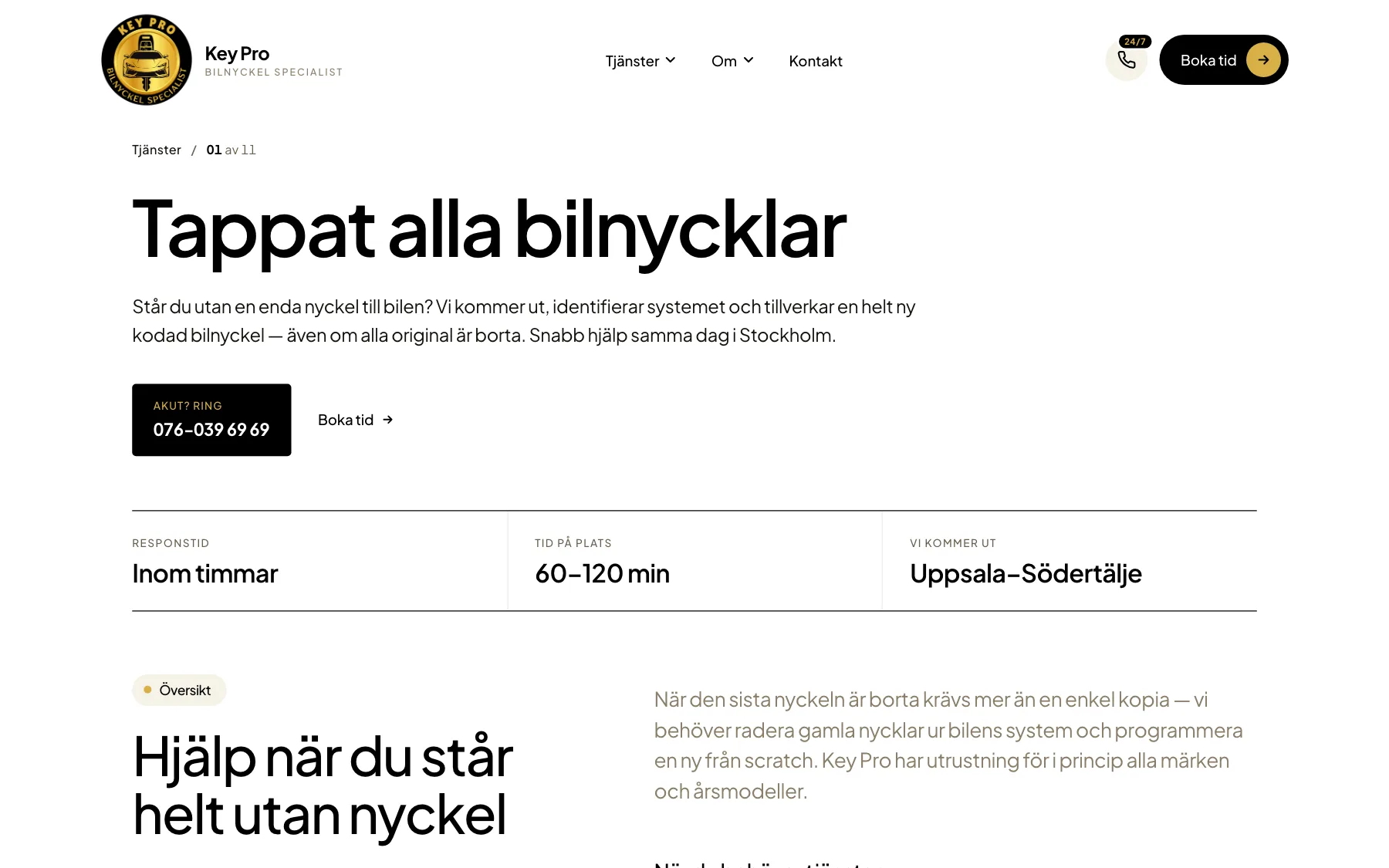 Tjänstesidan för tappade bilnycklar hos Key Pro