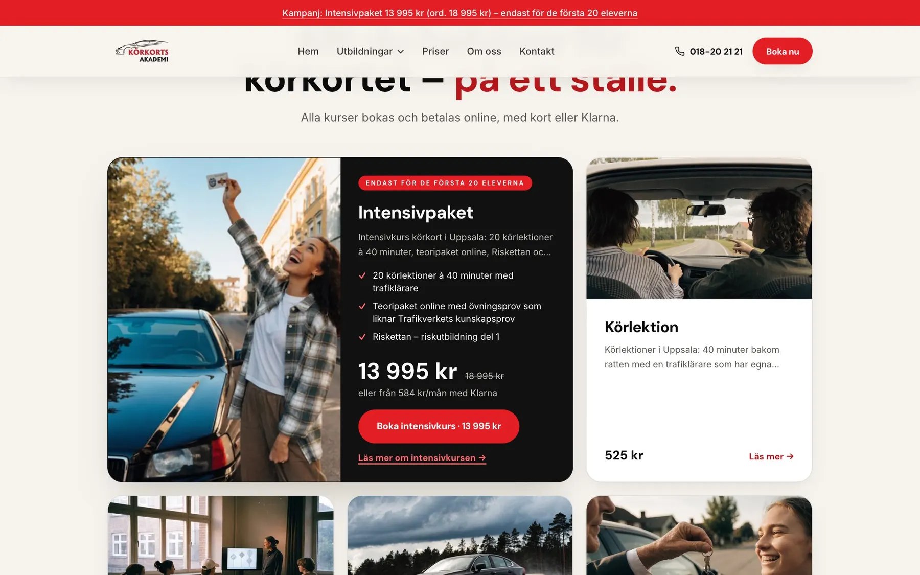 Körkortsakademi’s packages and courses on the homepage