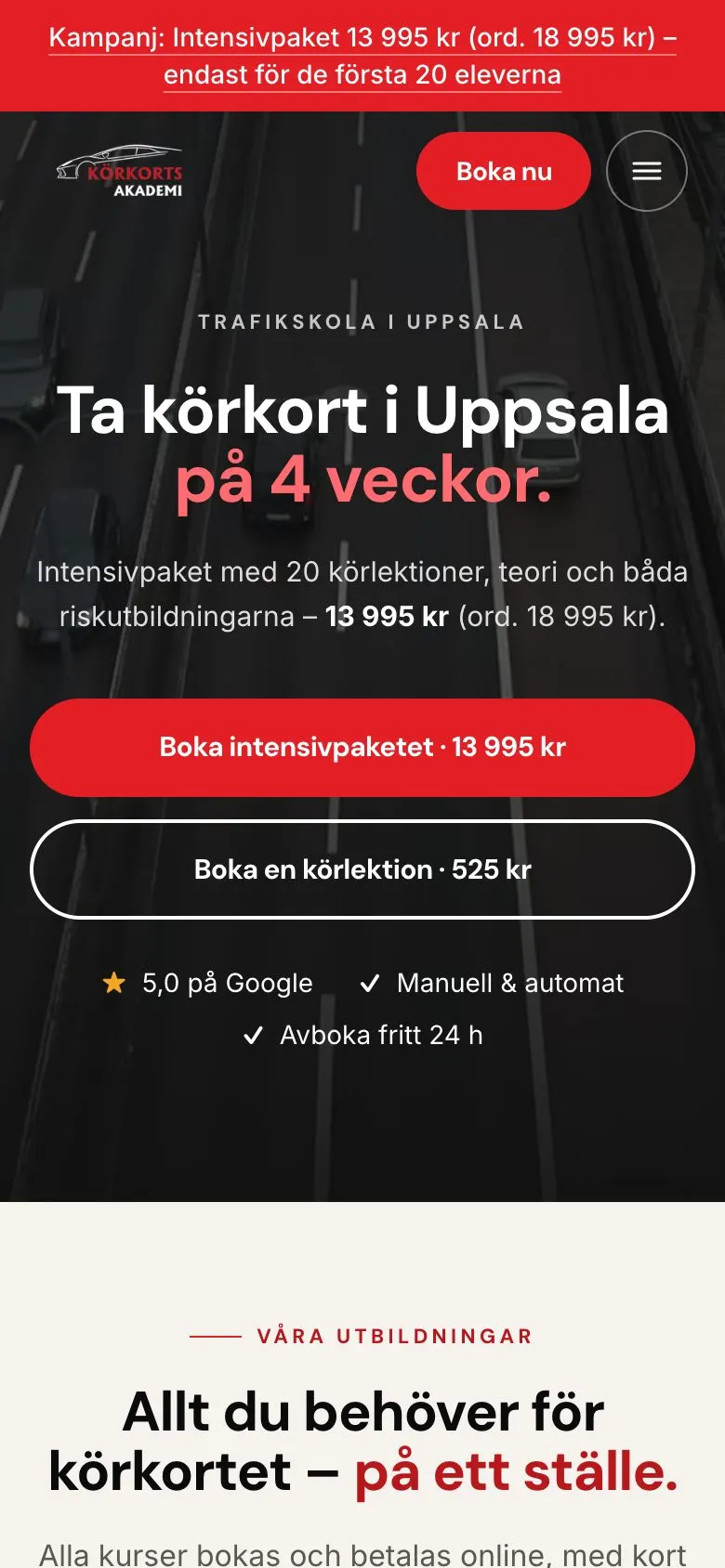 Körkortsakademi’s new homepage on mobile
