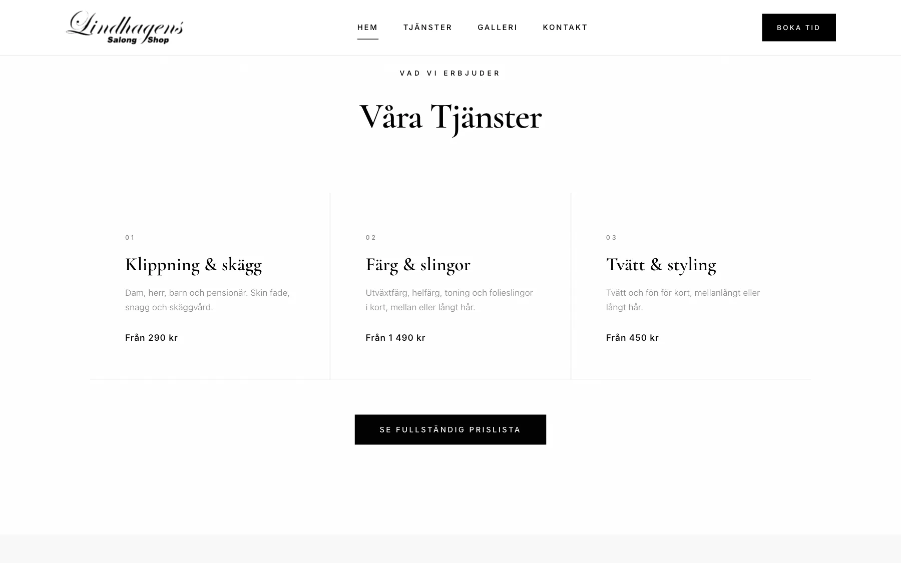 The services with from prices on the homepage