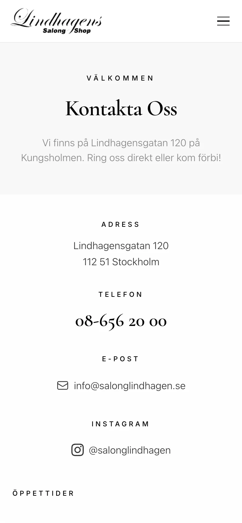The contact page with address and opening hours, mobile view
