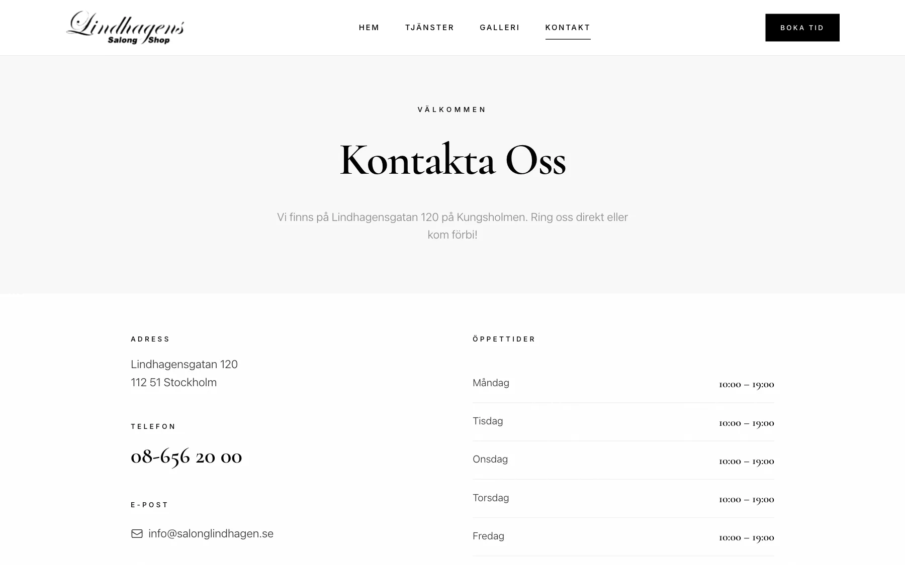 The contact page with address and opening hours