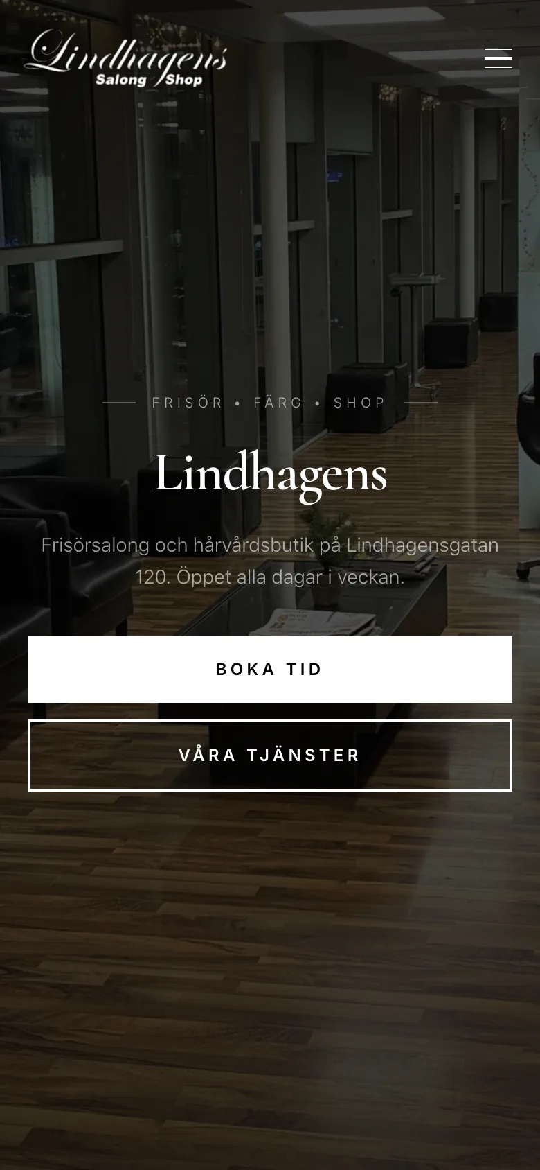 Lindhagens Salong & Shops startsida på dator och mobil, mobile view