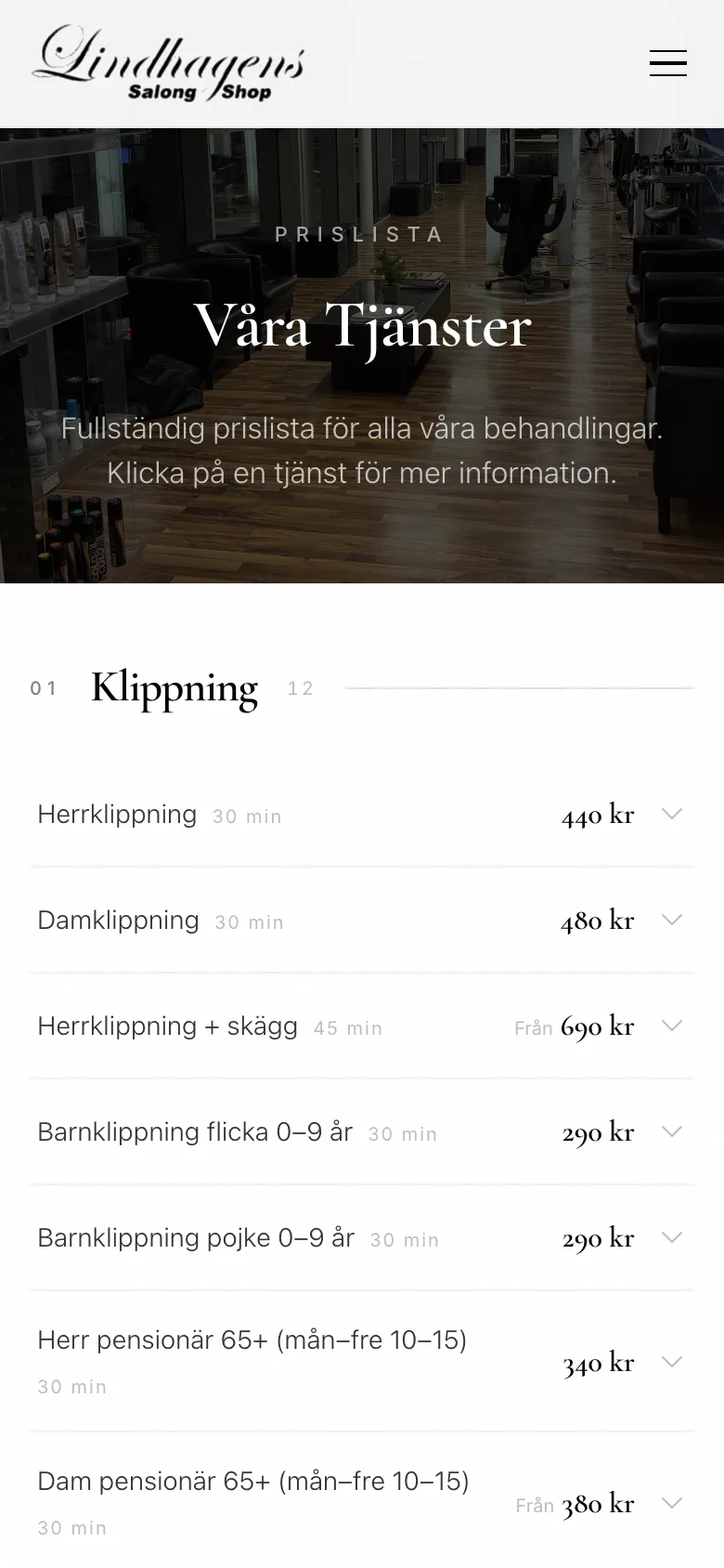 The price list at Lindhagens Salong & Shop, mobile view
