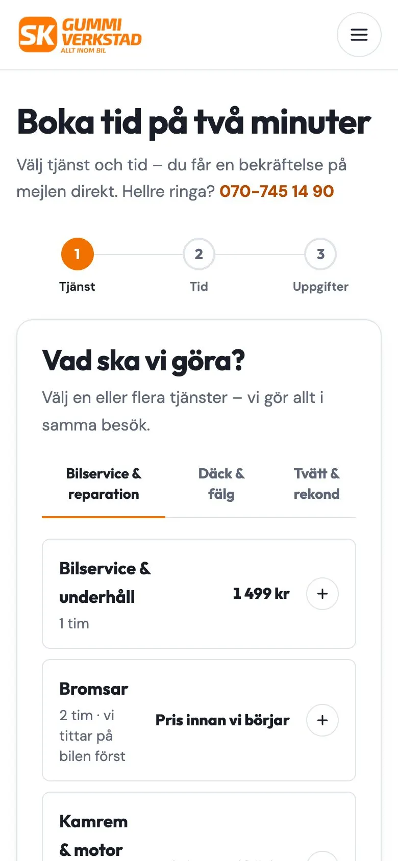 Bokningen hos SK Gummi på dator och mobil, mobilvy