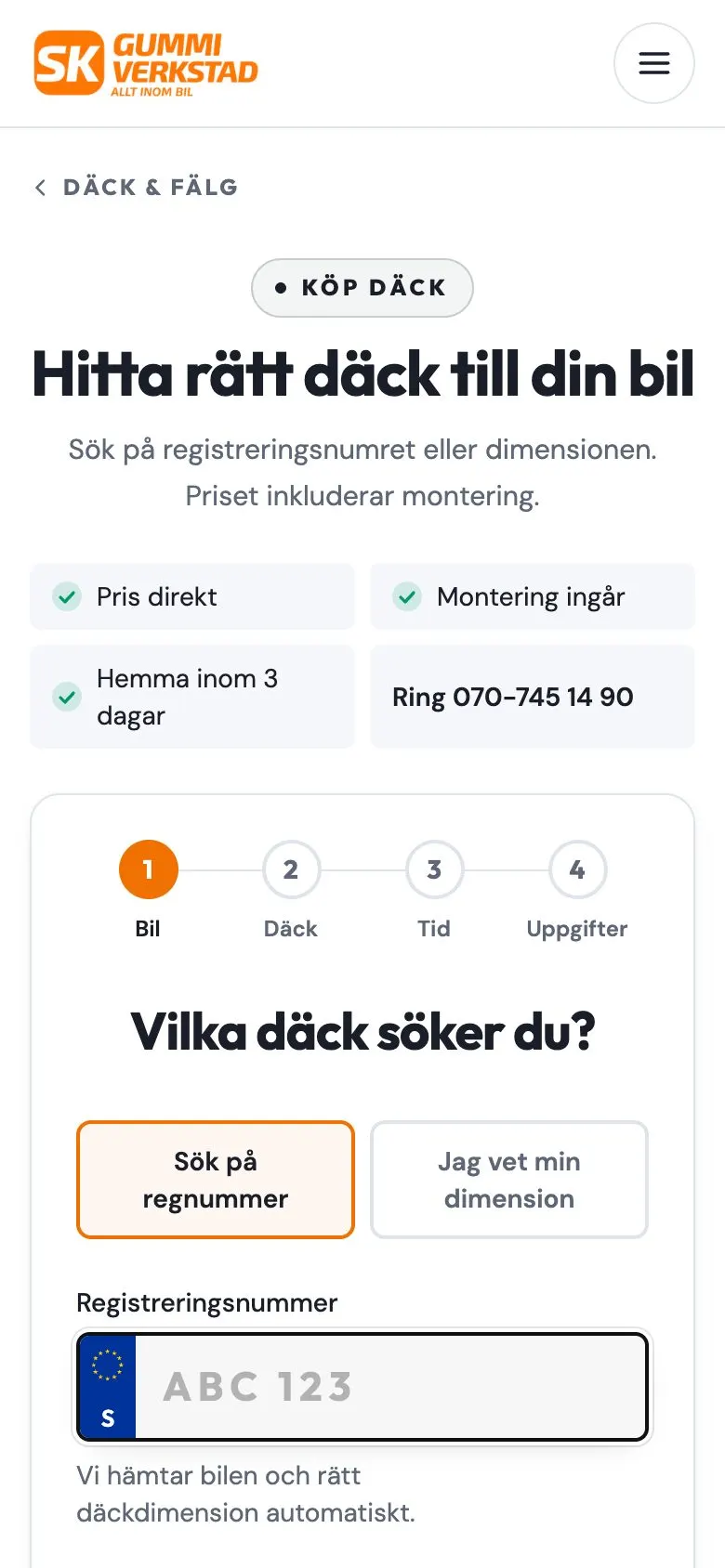 Däckbutiken hos SK Gummi med sök på regnummer, mobilvy