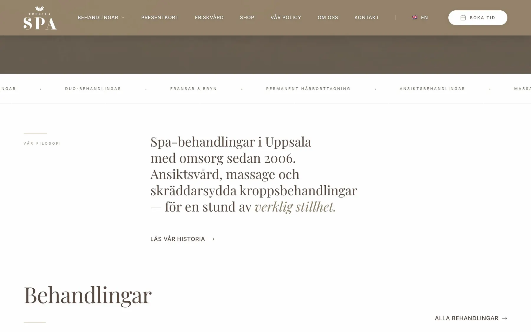 Uppsala Spa’s homepage further down, showing the treatments